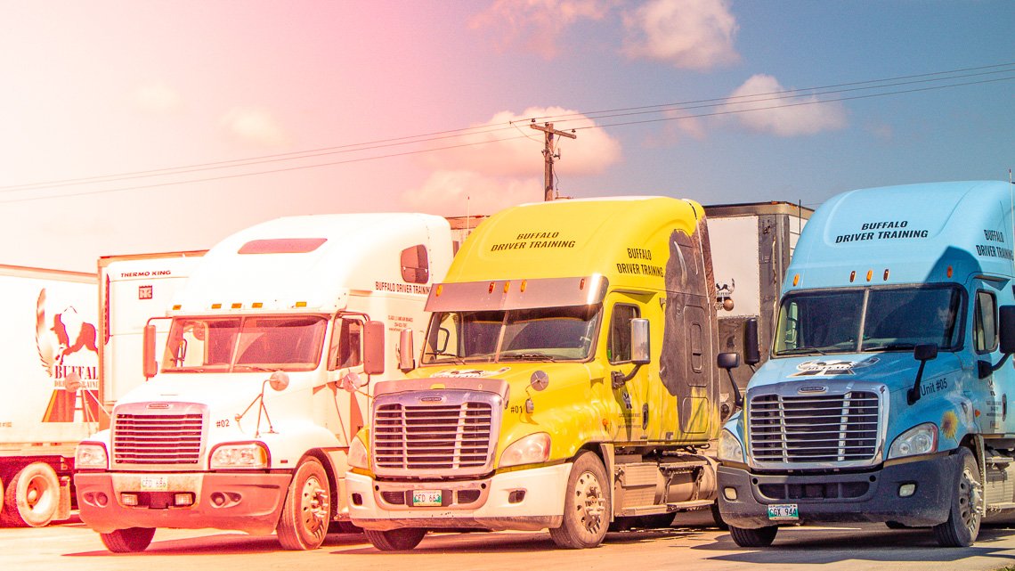 A row of Buffalo Driver Training trucks